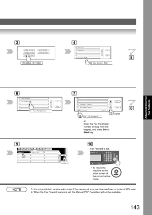 Page 143143
Advanced InternetFax Features
4
6
3
7
Scroll
or
Enter the Fax Parameter
number directly from the
keypad, and press  Set or
Start  key.
PANASONICQUALITY DEPT
910
NOTE3.It is not possible to receive a document if the memory of your machine o\
verflows, or is about 95% used.
4. When the Fax Forward feature is set, the Manual POP Reception will not b\
e available.  • To return the
machine to the
initial screen of
the current active
mode.
5
8
Fax Forward is set.
Downloaded From ManualsPrinter.com Manuals 