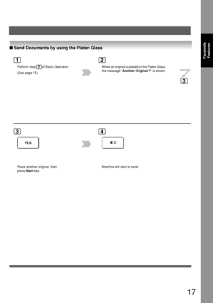 Page 1717
FacsimileFeatures
■  Send Documents by using the Platen Glass
Perform step       of Basic Operation
(See page 15)
1
7When an original is placed on the Platen Glass,
the message “ Another Original ? ” is shown.
2
3
Place another original, then
press Start key .
4
Machine will start to send.
3
Downloaded From ManualsPrinter.com Manuals 