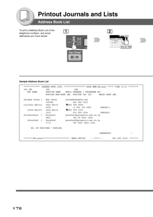 Page 178178
Printout Journals and Lists
Address Book List
To print a Address Book List of the
telephone numbers, and email
addresses you have stored.1
BERLIN
ANTARTICA
2
Sample Address Book List
************* -ADRESS BOOK LIST- ***************** DATE MMM-dd-yyyy ***** TIME 11:11 ********
(1) (2)           (3)                    (4)   KEY NAME       STATION NAME    EMAIL ADDRESS / TELEPHONE NO.
                  ROUTING SUB-ADDR (6)  ROUTING TSI (7)      RELAY ADDR (8)
[B][Bob Jones ]   Bob Jones...