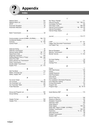 Page 194194
Appendix
Index
A
Address Book .................................................................. 164
Address Book List ........................................................... 178
APOP .............................................................................. 173
Automatic Reception ......................................................... 26
Automatic Reduction ......................................................... 27
B
Batch Transmission...