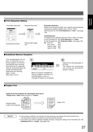 Page 2727
Facsimile
Features
■ Print Reduction Setting
■ Substitute Memory Reception
Transmitted Document Received Document
Oversized documentsReduce within paper
size
If the recording paper runs out,
jams, or if the toner runs out
during reception, the machine
automatically starts receiving
documents into its image data
memory. Stored documents are
printed automatically after
replenishing the recording
paper, or toner.
(See notes 2 and 3)
NOTE2. If the memory overflows, the machine will stop receiving, and...