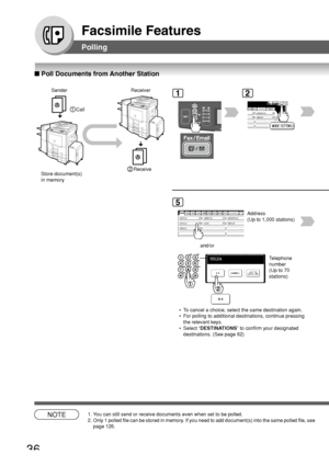 Page 3636
Facsimile Features
NOTE1. You can still send or receive documents even when set to be polled.
2. Only 1 polled file can be stored in memory. If you need to add document(s) into the same polled file, see
page 126.
Polling
■ Poll Documents from Another Station
1
BERLIN ANTARTICA
2
Telephone
number
(Up to 70
stations)
AFRICA
ASIA AMERICA ANTARTICA
APOLLO BERLIN
BRAZIL
5
Address
(Up to 1,000 stations)
and/or
2Receive
1Call
Store document(s)
in memory
 • To cancel a choice, select the same destination...