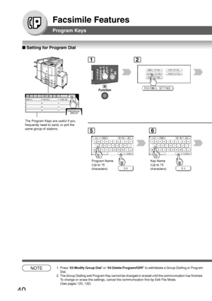 Page 4040
Facsimile Features
■ Setting for Program Dial
GROUP.A PRO.POLLTIMER XMT
The Program Keys are useful if you
frequently need to send, or poll the
same group of stations.
12
5
Program Name
(Up to 15
characters)
6
Key Name
(Up to 15
characters)
NOTE1. Press “03 Modify Group Dial” or “04 Delete Program/GRP” to edit/delete a Group Dialling or Program
Dial.
2.The Group Dialling and Program Key cannot be changed or erased until the communication has finished.
To change or erase the settings, cancel the...