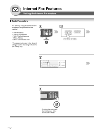 Page 5252
Internet Fax Features
Setting the Internet Parameters
■ Basic Parameters
The following five (5) Basic Parameters
must be pre-programmed into the
machine.
*• TCP/IP Address
*• TCP/IP Subnet Mask
*• TCP/IP Default Gateway • EMAIL Address
• SMTP Server Name or IP
(*These parameters are in the General
settings. See the Operating Instructions
(For Setting Up))12
5
8
 • To return the machine to the initial screen of the
current active mode.
Downloaded From ManualsPrinter.com Manuals 