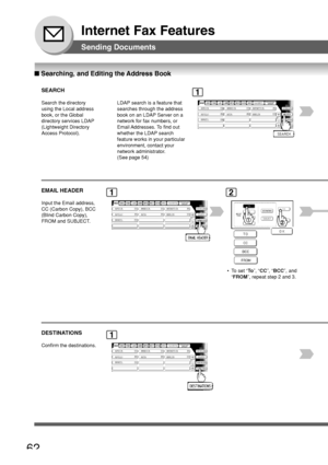 Page 6262
Internet Fax Features
Sending Documents
■ Searching, and Editing the Address Book
SEARCH
Search the directory
using the Local address
book, or the Global
directory services LDAP
(Lightweight Directory
Access Protocol).AFRICA
ASIA AMERICA ANTARTICA
APOLLO BERLIN
BRAZIL
1
EMAIL HEADER
Input the Email address,
CC (Carbon Copy), BCC
(Blind Carbon Copy),
FROM and SUBJECT.AFRICA ASIA AMERICA ANTARTICA
APOLLO BERLIN
BRAZIL
12
  •T o set “ To”, “ CC ”, “BCC ”, and
“ FROM ”, repeat step 2 and 3.
DESTINATIONS...