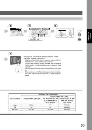 Page 6565
Internet FaxFeatures
BERLIN
ANTARTICA
3
LEDGER
LEDGER
45
7
Document Size Transmission
LEDGER EMAIL XMT = OFF
Document Size LEDGER EMAIL XMT = ON Fax Parameter No. 141 Fax Parameter No. 141 (LAN XMT Reduce) (LAN XMT Reduce)
set to Invalid set to Valid
Ledger Ledger B4 A4/Letter
B4 B4 B4 A4/Letter
A4/Letter A4/Letter A4/Letter A4/Letter
The original(s) are stored into memory with a file number.
Then starts the email transmission.
  • If the transmission fails, an error response is delivered from
the...