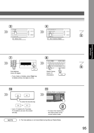 Page 9595
Advanced
Facsimile Features
34
7
Sub-Address
(Up to 20 digits)
8
Station Name
(Up to 15
characters)
10
To  enter the favorite key
or
11
NOTE3. The Sub-address is not transmitted during Manual Redial Mode.
 • If you make a mistake, press 
Clear key
to delete entries one digit at a time.
 • To return the machine tothe initial screen of the
current active mode.
5
9
 • Up to 12 stations for Favorites.If 12 stations are set, this screen
will skip. Address Book is programmed.
Downloaded From...