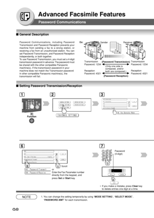 Page 9898
Advanced Facsimile Features
Transmission
Password: 1234 (Only one side is
compared, and/or
both are compared.)
Reception
Password: 4321 T
ransmission
Password: 1234
Reception
Password: 4321
Password Communications
■  General Description
■ Setting Password Transmission/Reception
123
67
_
Scroll
or
Enter the Fax Parameter number
directly from the keypad, and
press  Set or Start  key.
NOTE1. You can change the setting temporarily by using “ MODE SETTING”, “SELECT MODE ”,
“ P ASSWORD-XMT ” for each...