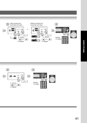 Page 41
41
Making Copies
3
or
Same vertical and
horizontal void value
5 - 99 mm
or
or Keypad Different vertical and
horizontal void value
5 - 99 mm
or
or Keypad
or
Number
of Copies
4
34
Number
of Copies
5 - 99 mm
or
or Keypad
Downloaded From ManualsPrinter.com Manuals 