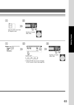 Page 63
63
Making Copies
12
13
Open the ADF more than
45 degrees wide.
Number of Copies
(Max. 999)
Number of Copies
(Max. 999)
∗Default M1/M2 size can be changed
in the Function mode. (See page 80)
PlatenUpper-
Left
Corner
Custom size ∗
2
Downloaded From ManualsPrinter.com Manuals 