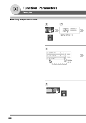 Page 86
86
Function Parameters
Examples
■
■ ■
■
■  Verifying  a  department  counter
12
5
Scroll to
03/13
8
Downloaded From ManualsPrinter.com Manuals 