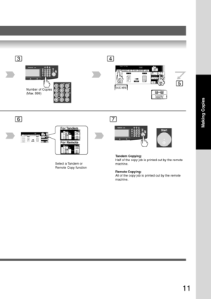 Page 11
11
Making Copies
34
Number of Copies
(Max. 999)
5
6
For Tandem
For Remote
7
Tandem Copying:
Half of the copy job is printed out by the remote
machine.
Remote Copying:
All of the copy job is printed out by the remote
machine.
Select a Tandem or
Remote Copy function
Downloaded From ManualsPrinter.com Manuals 