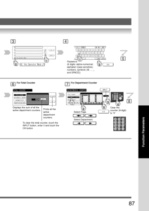 Page 87
87
Function Parameters
34
5
6
Password
(8 digits: alpha-numerical;
alphabet (case-sensitive),
numbers, symbols (@, ., _,
and SPACE))
Displays the sum of all the
active depar tment counters.For Total  CounterPrints all the
active
depar tment
counters.
To clear the total counter, touch the
INPUT button, enter 0 and touch the
OK button.
7For Department Counter
Select Page
Select Department
Clear the
counter (8-digit)
to “0”
8
Downloaded From ManualsPrinter.com Manuals 