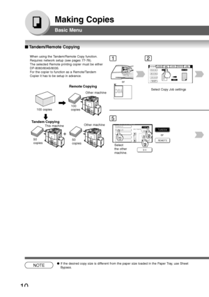 Page 10
10
Making Copies
Basic Menu
■
■ ■
■
■  Tandem/Remote  Copying
+
When using the Tandem/Remote Copy function.
Requires network setup (see pages 77-78).
The selected Remote printing copier must be either
DP-8060/8045/8035.
For the copier to function as a Remote/Tandem
Copier it has to be setup in advance.
Remote Copying
Tandem Copying
Other machine
This machine
100 copies
100
copies
50
copies 50
copies
12
or
Select Copy Job settings
5
Select
the other
machine. or
NOTE●
If the desired copy size is different...