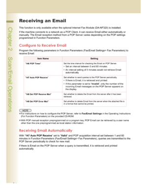 Page 2626
 Chapter 2    Scan/Email Operations
Receiving an Email
This function is only available when the optional Internet Fax Module (DA-NF320) is installed. 
If the machine connects to a network as a POP Client, it can receive Email either automatically or 
manually. The Email reception method from a POP Server varies depending on the POP settings 
programmed in Function Parameters.
Configure to Receive Email
Program the following parameters in Function Parameters (Fax/Email Settings> Fax Parameters) to...