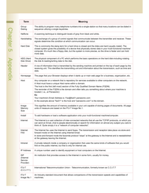 Page 4848
 Chapter 5    AppendixGroup 
DialingThe ability to program many telephone numbers into a single station so that many locations can be dialed in 
sequence utilizing a single keystroke.
Halftone A scanning technique to distinguish levels of gray from black and white. 
HandshakingThe exchange of a group of control signals that communicate between the transmitter and receiver. These 
signals determine the condition at which communication can occur.
Hard Disk This is commonly the slang term for a hard...