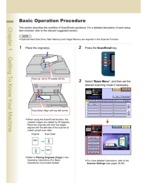 Page 66
 Chapter 1    Getting To Know Your Machine
Chapter 1
Getting To Know Your Machine
Basic Operation Procedure
This section describes the workflow of Scan/Email operations. For a detailed description of each setup 
item involved, refer to the relevant suggested section.
Optional Hard Disk Drive, Main Memory and Image Memory are required in this Scanner Function. 
1Place the original(s).
When using the Scan/Email function, the 
created images are rotated by 90 degrees. 
Place the originals with their top...