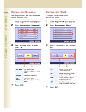 Page 3434
 Chapter 3    Scanner Settings
Compression (Grayscale)
Selects picture quality, and then compression 
mode in Grayscale mode.
1Select “Adjustment”. (See page 32)
2Select “Compression (Grayscale)”.
3Select an image quality, and then 
select “OK”.
4Select “OK”.
Compression (Black)
Documents can be scanned with a 
Monochrome setting.
1Select “Adjustment”. (See page 32)
2Select “Compression (Black)”.
3Select a compression, and then select 
“OK”.
4Select “OK”.
High SpeedLow picture quality.
Transferring...