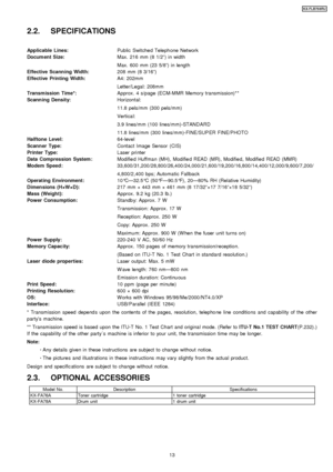 Page 132.2. SPECIFICATIONS
Applicable Lines:Public Switched Teleph one Network
Document Size: Max. 216 mm (8 1/2”) in width
Max. 600 mm (23 5/8” ) in length
Effective Scanning Width: 208 mm (8 3/16”)
Effective Printing Width: A4: 202mm
Letter/Legal: 208mm
Transmission Time*: Approx. 4 s/page (ECM-MMR Memory transmission)**
Scanning Density: Horizontal:
11.8 pels/mm (300 pels/mm)
Vertical:
3.9 lines/mm (100 lines/mm)-STAND ARD
11.8 lines/mm (300 lines/mm)-FINE/SUP ER FINE/PHOTO
Halftone Level: 64-level
Scanner...