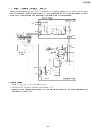 Page 1997.13. HEAT LAMP CONTROL CIRCUIT
The temperature of the fixing part of the Fixing Unit is converted to a voltage by THERMISTER and input to IC604-Y6 (analog
input). The heater turns ON/OFF the photo-coupler PC101 at the heater control port (IC610-80pin), and is turned ON/OFF at
the triac CR101. And a thermostat and a thermo fuse are set on the AC line as the safety devices.
 1. Control at Printing
 a. After the printing signal is received, turn ON the heater.
 b. After that, turn ON the motor at the...