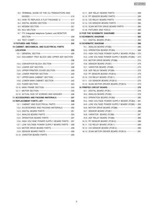 Page 3 8.2. TERMINAL GUIDE OF THE ICs TRANSISTO RS ANDDIODES 
215
 8.3. HOW TO REPLACE A FLAT PACKAGE IC 
217
 8.4. DIGITAL BOARD SECTION  
218
 8.5. MODEM SECTION 
221
 8.6. NCU SECTION 
227
 8.7. ITS (Integrated telephone System) and MONITOR SECTION  
228
 8.8. TEST CHART 
232
 9 FIXTURES AND TOOLS 
234
 10  CABINET, MECHANICAL AND ELECTRICAL PARTS
LOCATION  
235
 10.1. GENERAL SECTON 
235
 10.2. DOCUMENT TRAY BLOCK AND UPPER ADF SECTION  
236
 10.3. CONVERYOR BLOCK SECTION 
237
 10.4. LOW ER ADF SECTION...