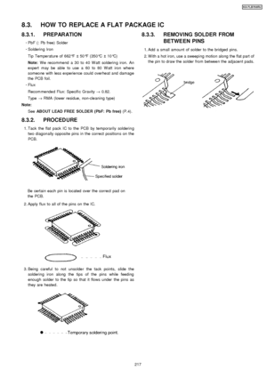 Page 2178.3.1. PREPARATION
 
     · 
  
  PbF (: Pb free) Solder
 
  
  · 
  
  Soldering Iron
Tip Temperature of 662 °F±50 °F (350° C±10°C)
Note: W e recommend a 30 to 40 W att solderin g iron. An
expert may be able to use a 60 to 80 W att iron where
someone with less experience could overheat and damage
the PCB foil.
 
     · 
  
  Flux
Recommended Flux: Specifi c Gravity →0.82.
Type →RMA (lower residue, non-cleaning type)
Note: See ABOUT LEAD FREE SOLDER (PbF: Pb free) (P.4).
8.3.2. PROCEDURE
 1. Tack the...