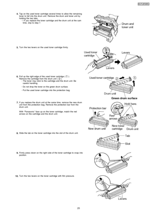 Page 254.Tap on the used toner cartridge several times to allow the remaining
toner to fall into the drum unit. Remove the drum and toner unit by
holding the two tabs. 
     · 
  
  l If you replace the toner cartridge and the drum unit at the sam
time, skip to step 7.
5.Turn the two levers on the used toner cartridge firmly.
6.Pull up the right edge of the used toner cartridge ().
Remove the cartridge from the drum unit ().
 
     · 
  
  The toner may stick to the cartridge and the drum unit. Be
careful...