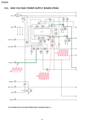 Page 27015.3. HIGH VOLTAGE POWER SUPPLY BOARD (PCB4)
16 15 14 13 12 11 10 912345678
R1291.5kR1281.5k
R102100k
R120
47k
C102
0.047C112
1000p
R202
15.8k
CN27
CN25
CN23
CN29
CN26
CN24
CN28
CN22
CN21
DEV CHG
LED
DRUM
REGIST
TRA CLK
CHG REM
TOP CVR +24V
GND
R201 1.5k
PC201
R105
IC101
10k
R10410k 165k
R106
10k
R127
IP101
SW101
C101
35V47
R123 10k
C104
50V2.2 R117
2.7k
C103
50V1 R116
2.7k
R126 10k
R107
665k
R125 10k
Q103D111
D112
C111
1000p
Q102
C110 0.01
R121
10kR124
10k
R122
10k
R119 7.78k
R1037.78k
C212 220p
0.5V...