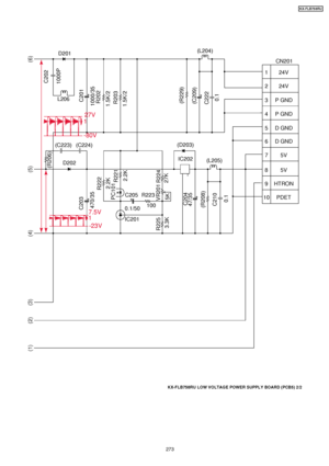 Page 273KX-FLB758RU LOW VOLTAGE POWER SUPPLY BOARD (PCB5) 2/2
C202
1000P
C201
(R206)
1000/35R202
1.5K/2
1.5K/2
2.2K
R221
C203
470/35 R222
2.2K
PC101
R224
VR201
27K
3.3K
R225
C204
47/35
(R208) C210 0.15K
R203
(R229)
(C209)
C222 0.1
L206 (L204)
CN201
24V1
24V2
5V7
5V8
HTRON
9
PDET
10 P GND
3
P GND
4
D GND
5
D GND
6
(D203)
IC202 (L205)
C205 R223 100
0.1/50
IC201
D202
(C223) (C224) D201
27V
-80V
1
7.5V
-23V
1
(1)
(2)(3)
(4)(5)
(6)
273
KX-FLB75 8RU
Downloaded From ManualsPrinter.com Manuals 