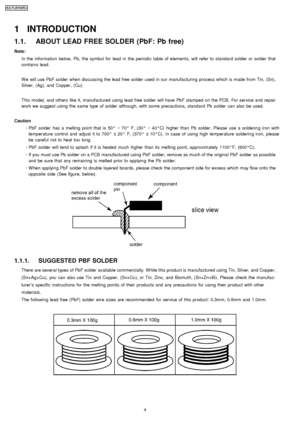 Page 41 INTRODUCTION
1.1. ABOUT LEAD FREE SOLDER (PbF: Pb free)
Note:In the information below, Pb, the symbol for lead in the periodic table of elements, will refer to standard solder or solder that
contains lead.
W e will use PbF solder when discussing the lead free solder used in our manufacturing process which is made from Tin, (Sn),
Silver, (Ag), and Copper, (Cu).
This model, and others like it, manufactured using lead free solder will have PbF stamped on the PCB. For service and repair
work we suggest...