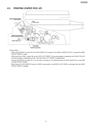 Page 314.3. PRINTING (PAPER PICK UP)
During printing 
     · 
  
  W hen the SOLENOID is turned ON, the HOOK GEAR FIX is hooked on the RING of GEAR CLUTC H. It causes the GEAR
PICKUP PAPER to rotate.
 
     · 
  
  Atthesametime,CAM ´s rotation lifts up the PLATE LIFT PAPER . The recording paper is pressed by the PICKUP ROLLER
and the top paper is separated and fed. Then the PLATE LIFT PAPER is pressed down.
 
  
  · 
  
  Even the SOLENOID is turned OFF, it can not stop on the way of a turn because the tip of...