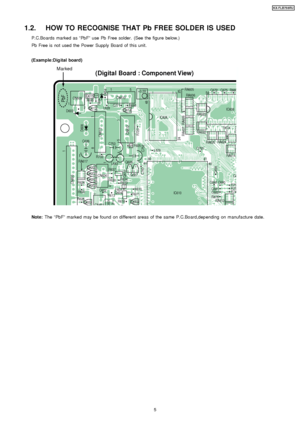 Page 51.2. HOW TO RECOGNISE THAT Pb FREE SOLDER IS USED
P.C.Boards marked as “PbF” use Pb Free solder. (See the figure below.)
Pb Free is not used the Power Supply Board of this unit.
(Example:Dig ital board)
R664
54C672 C675 R680
IC608
IC606
IC610 RA623
RA608
RA607
C699
C698 C680 C6
5
C681
R751
R750
R749
RA613
RA6
C682
R676
C693
24 25
48
1
RA605
RA606
RA622 R674
RA625 RA624
RA614
1
CN610
15
R688+3.3V
C771 Q614
L639
D603 Q613
R733 L643
R637 Q626
Q627
R638 R634
R633
F603
Q604
R618 R610
R611
Q608
CN606
CN603...