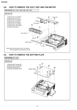 Page 465.8. HOW TO REMOVE THE DUCT UNIT AND FAN MOTOR
5.9. HOW TO REMOVE THE BOTTOM PLATE
46
KX-FLB75 8RU
Downloaded From ManualsPrinter.com Manuals 