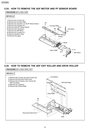 Page 565.24. HOW TO REMOVE THE ADF MOTOR AND PF SENSOR BOARD
5.25. HOW TO REMOVE THE ADF EXIT ROLLER AND DRIVE ROLLER
56
KX-FLB75 8RU
Downloaded From ManualsPrinter.com Manuals 