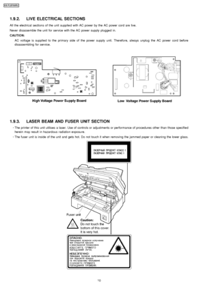 Page 101.9.2. LIVE ELECTRICAL SECTIONS
All the electrical sections of the unit supplie d with AC power by the AC power cord are live.
Never disassemble the unit for service with the AC power supply plugged in.
CAUTION:AC voltage is supplie d to the primary side of the power supply unit. Therefo re, always unplug the AC power cord before
disassembling for service.
1.9.3. LASER BEAM AND FUSER UNIT SECTION
 
     · 
  
  The printer of this unit utilises a laser. Use of controls or adjustments or performance of...