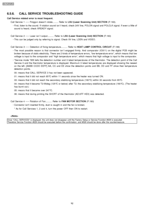 Page 926.5.6. CALL SERVICE TROUBLESHOOTING GUIDE
Call Servic e related error is most frequent.Call Service 1 ----- Polygo n doesn ’t rotate......... Refer to LSU (Laser Scanning Unit) SECTION (P.183).
 
     · 
  
  First, listen to the sound. If rotation sound isn ´t heard, check 24V line, POLON signal and POLCLK signal. If even a little of
sound is heard, check XREADY signal.
Call Service 2 ----- Laser isn ´t output.......... Refer to LSU (Laser Scanning Unit) SECTION (P.183)
 
  
  · 
  
  This can be judged...