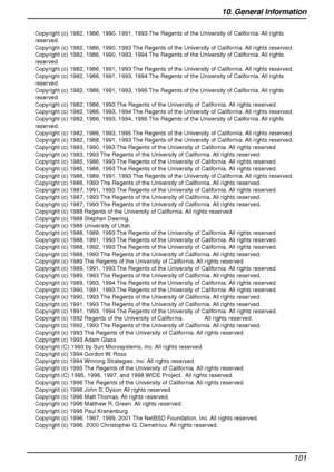 Page 10310. General Information
101
Copyright (c) 1982, 1986, 1990, 1991, 1993 The Regents of the University of California. All rights 
reserved.
Copyright (c) 1982, 1986, 1990, 1993 The Regents of the University of California. All rights reserved.
Copyright (c) 1982, 1986, 1990, 1993, 1994 The Regents of the University of California. All rights 
reserved.
Copyright (c) 1982, 1986, 1991, 1993 The Regents of the University of California. All rights reserved.
Copyright (c) 1982, 1986, 1991, 1993, 1994 The Regents...