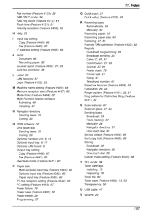 Page 10911. Index
107
Fax number (Feature #103): 25
FAX ONLY mode: 34
FAX ring count (Feature #210): 61
Flash time (Feature #121): 61
Friendly reception (Feature #438): 65
H Help: 21
I Input tray setting
Copy (Feature #460): 66
Fax (Feature #440): 65
IP address setting (Feature #501): 68
J Jams
Document: 85
Recording paper: 82
Journal report (Feature #402): 27, 63
Junk fax prohibitor: 36
L Label: 50
LAN features: 67
Logo (Feature #102): 23
M Machine name setting (Feature #507): 68
Memory reception alert (Feature...