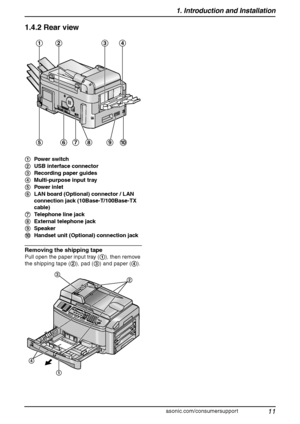 Page 131. Introduction and Installation
11
For assistance, please visit http://www.panasonic.com/consumersupport
1.4.2 Rear view
Removing the shipping tape
Pull open the paper input tray (1), then remove 
the shipping tape (2), pad (3) and paper (4). 1Power switch
2USB interface connector
3Recording paper guides
4Multi-purpose input tray
5Power inlet
6LAN board (Optional) connector / LAN 
connection jack (10Base-T/100Base-TX 
cable)
7Telephone line jack
8External telephone jack
9Speaker
jHandset unit (Optional)...