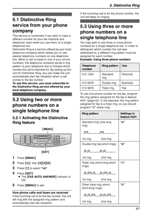 Page 435. Distinctive Ring
41
5 Distinctive Ring Distinctive Ring
5.1 Distinctive Ring 
service from your phone 
company
This service is convenient if you wish to have a 
different number for your fax machine and 
telephone, even when you use them on a single 
telephone line.
Distinctive Ring is a service offered by your local 
telephone company which allows you to use 
several telephone numbers on one telephone 
line. When a call is made to one of your phone 
numbers, the telephone company sends a ring...