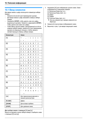 Page 7010. Полезная информация
70
10 .Пол ез ная инфо рмация Полезная инф орма ция
10.1Ввод символов
Для ввода знаков и цифр используется клавиатура набора 
номера.
–Нажмите 
{} для перемещения курсора.
–Для ввода знаков и цифр нажимайте клавиши набора 
номера.
–Нажимайте 
{STOP}, чтобы удалить знак или цифру, 
выделенную курсором. Нажмите и удерживайте 
{STOP}, 
чтобы удалить все знаки или цифры.
–Чтобы ввести другой символ, расположенный на той же 
клавише набора номера, нажмите 
{>} для перемещения 
курсора...