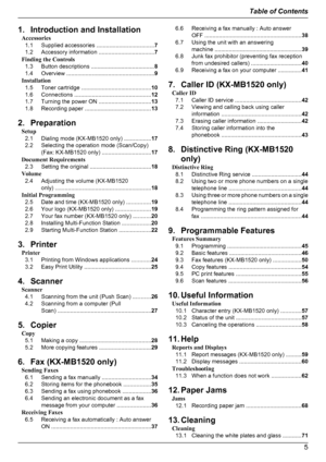 Page 51. Introduction and InstallationAccessories1.1 Supplied accessories .. ..................................7
1.2 Accessory information .. .................................7
Finding the Controls 1.3 Button descriptions ........................................ 8
1.4 Overview .. ..................................................... 9
Installation 1.5 Toner cartridge .. .......................................... 10
1.6 Connections .. .............................................. 12
1.7 Turning the power ON .....