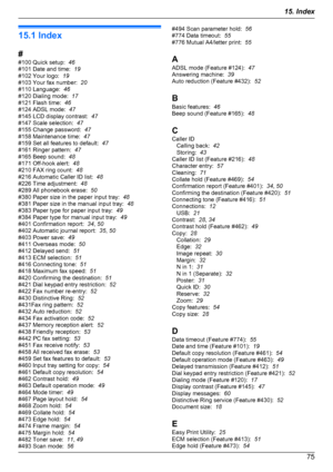 Page 7515.1 Index
#
#100 Quick setup:   46
#101 Date and time:   19
#102 Your logo:   19
#103 Your fax number:   20
#110 Language:   46
#120 Dialing mode:   17
#121 Flash time:   46
#124 ADSL mode:   47
#145 LCD display contrast:   47
#147 Scale selection:   47
#155 Change password:   47
#158 Maintenance time:   47
#159 Set all features to default:   47
#161 Ringer pattern:   47
#165 Beep sound:   48
#171 Off-hook alert:   48
#210 FAX ring count:   48
#216 Automatic Caller ID list:   48
#226 Time adjustment:...