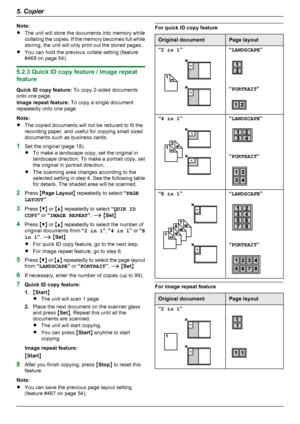 Page 30Note:
R The unit will store the documents into memory while
collating the copies. If the memory becomes full while
storing, the unit will only print out the stored pages.
R You can hold the previous collate setting (feature
#469 on page 54).
5.2.3 Quick ID copy feature / Image repeat
feature
Quick ID copy feature:  To copy 2-sided documents
onto one page.
Image repeat feature:  To copy a single document
repeatedly onto one page.
Note:
R The copied documents will not be reduced to fit the
recording paper,...