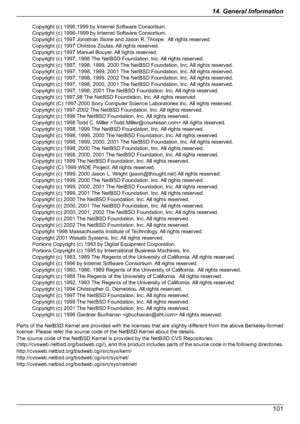 Page 101Parts of the NetBSD Kernel are provided with the licenses that are slightly different from the above Berkeley-formed
license. Please refer the source code of the NetBSD Kernel about the details.
The source code of the NetBSD Kernel is provided by the NetBSD CVS Repositories 
( http://cvsweb.netbsd.org/bsdweb.cgi/), and this product includes parts of the source code in the following directories.
http://cvsweb.netbsd.org/bsdweb.cgi/src/sys/kern/
http://cvsweb.netbsd.org/bsdweb.cgi/src/sys/net/...