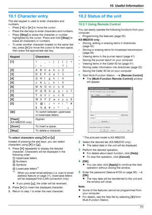 Page 7110.1 Character entry
The dial keypad is used to enter characters and
numbers.
– Press  MF N or  ME N to move the cursor.
– Press the dial keys to enter characters and numbers.
– Press  MStop N to erase the character or number
highlighted by the cursor. Press and hold  MStop N to
erase all characters or numbers.
– To enter another character located on the same dial key, press  ME N to move the cursor to the next space,
then press the appropriate dial key.KeypadCharactersM 1 N1._–[]{}+/=,`:;?|M2 NABCabc2M3...