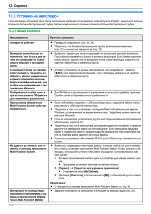 Page 12613.3 Устранение неполадокЕсли неполадки возникают даже после выполнения указаний в этом разделе, перезагрузите аппарат. Выключите питаниеосновного блока и беспроводной трубки. Затем снова включите питание основного блока и беспроводной трубки.13.3.1 Общие сведенияНеисправностьПричина и решениеАппарат не работает.RПроверьте соединения (стр. 24, 35).RУбедитесь, что батарея беспроводной трубки установлена правильно(стр. 22) и полностью зарядите ее (стр. 25).Выходной лоток быстро за-полняется, или бумага для...