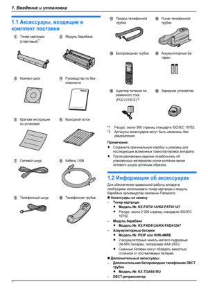 Page 81.1 Аксессуары, входящие вкомплект поставкиAТонер-картридж(стартовый)*1BМодуль барабанаCКомпакт-дискDРуководство по без-опасностиEКраткая инструкцияпо установкеFВыходной лотокGСетевой шнурHКабель USBIТелефонный шнурJТелефонная трубкаKПровод телефоннойтрубкиLРычаг телефоннойтрубкиMБеспроводная трубкаNАккумуляторные ба-тареиOАдаптер питания пе-ременного тока(PQLV219CE)*2PЗарядное устройство*1Ресурс: около 500 страниц стандарта ISO/IEC 19752.*2Артикулы аксессуаров могут быть изменены...