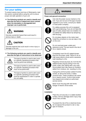 Page 3Important Information
3
Important Information Important Information
For your safety
To prevent severe injury and loss of life/property, read 
this section carefully before using the unit to ensure 
proper and safe operation of your unit.
LThe following symbols are used to classify and 
describe the level of hazard and injury caused 
when the denotation is disregarded and 
improper use is performed.
LThe following symbols are used to classify and 
describe the type of instructions to be observed.Power and...