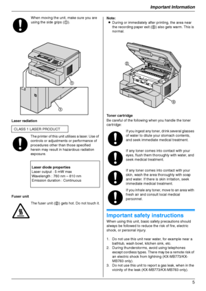Page 5Important Information
5
Laser radiation
Fuser unitNote:
LDuring or immediately after printing, the area near 
the recording paper exit (3) also gets warm. This is 
normal.
Toner cartridge
Be careful of the following when you handle the toner 
cartridge:
Important safety instructions
When using this unit, basic safety precautions should 
always be followed to reduce the risk of fire, electric 
shock, or personal injury.
1. Do not use this unit near water, for example near a 
bathtub, wash bowl, kitchen...